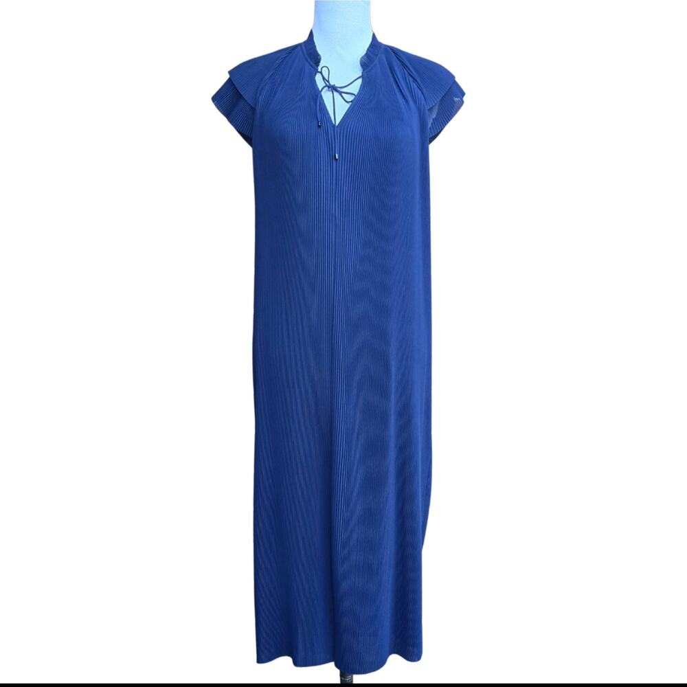 Micro Pleat Dress J. McLaughlin Aisha Med Blue Accordion Flutter Sleeve Keyhole